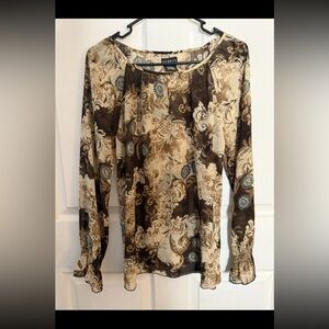 GEORGE Women’s Sheer Brown/Blue Floral Long Sleeve Blouse M